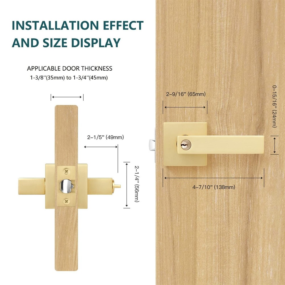 3 Pack Square Gold Door Handle with Key Heavy Door Knobs Interior(Keyed Alike...
