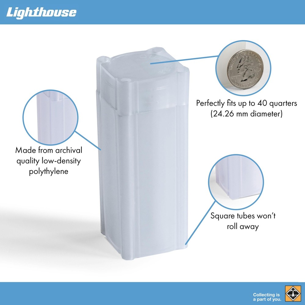 LIGHTHOUSE - Square Coin Tubes - Convenient Push Top, 10 pack, White