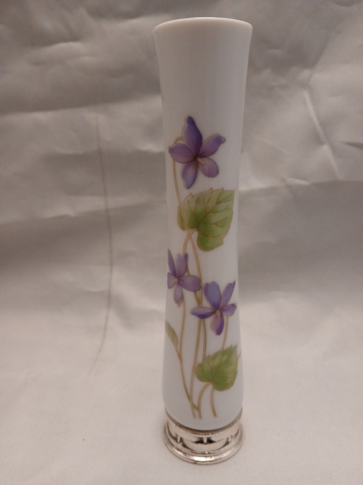 White Ceramic With Violets Bud Vasr W/ Mental Base