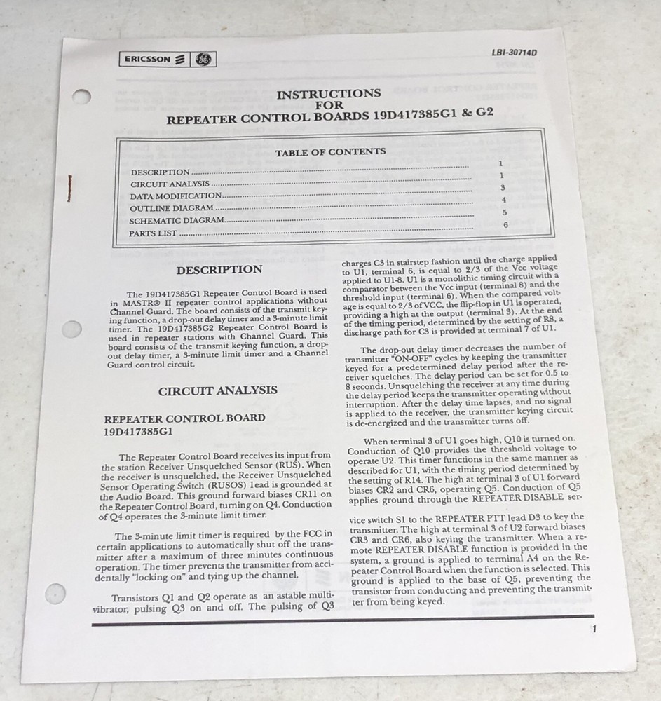 Ericsson GE Instruction for Repeater Control Boards 19D417385G1 & G2 LBI-30741D