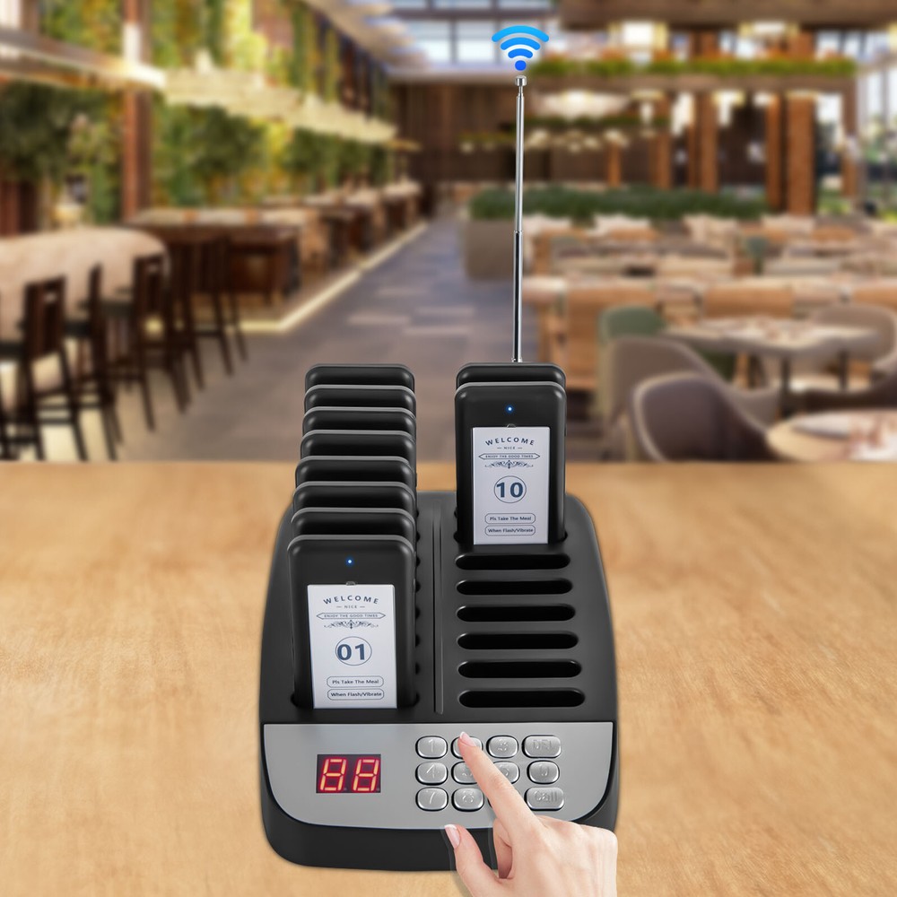Restaurant Wireless Pager System 10 Buzzer Pager Guest Queuing Calling Black