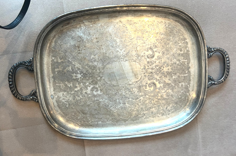 Vintage Silver Plated Tray Ornate Engraved Design Two Handles