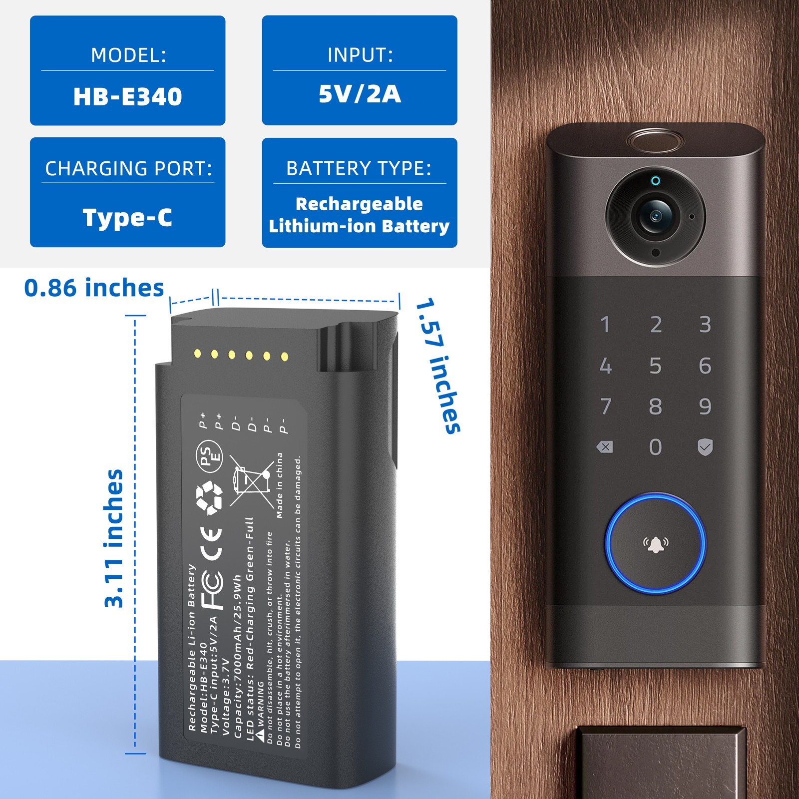 2pcs E340 Rechargeable Battery Backup 7000mAh with USB-C for eufy Video Doorbell
