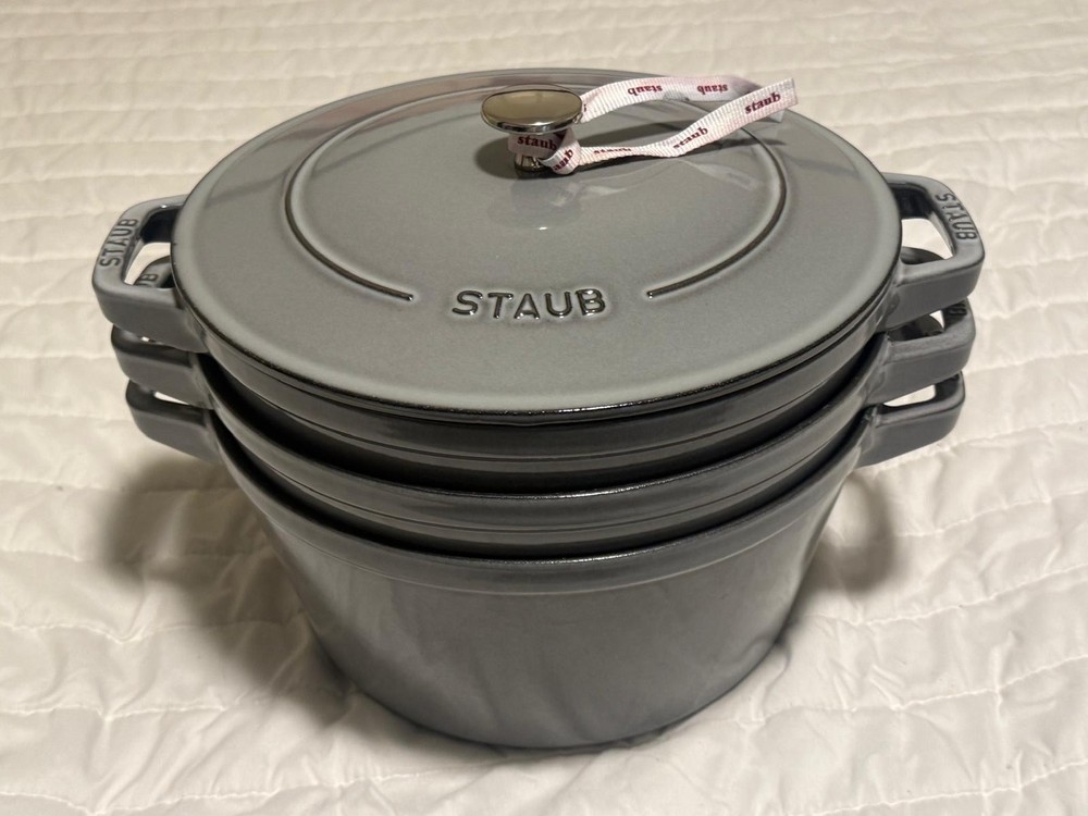 Staub Cast Iron, 5 qt, Round, dutch oven,  4-pc Stackable Set.