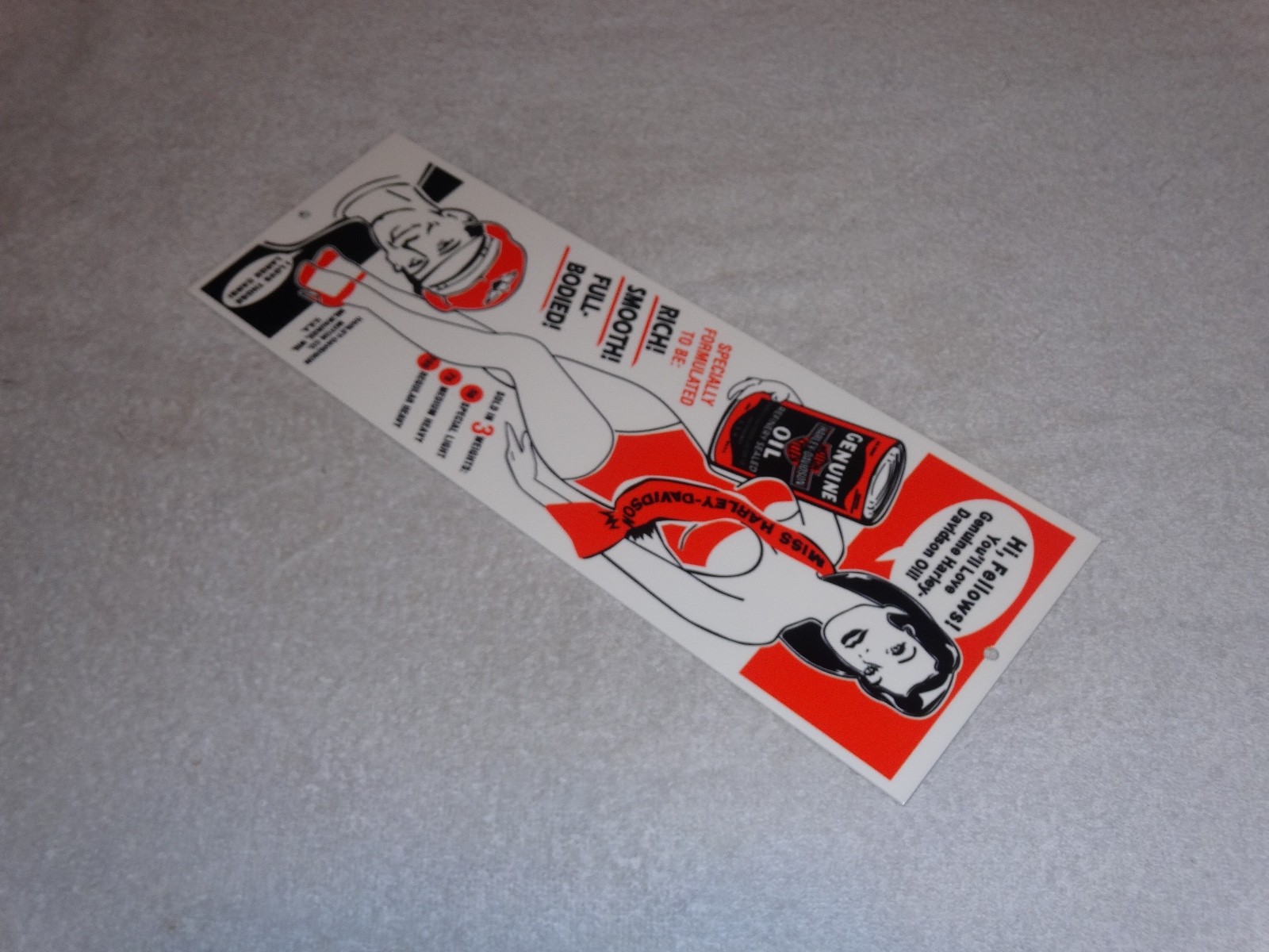 VINTAGE HARLEY DAVIDSON MOTORCYCLES WOMAN W/ LG OIL CANS 15" METAL GASOLINE SIGN