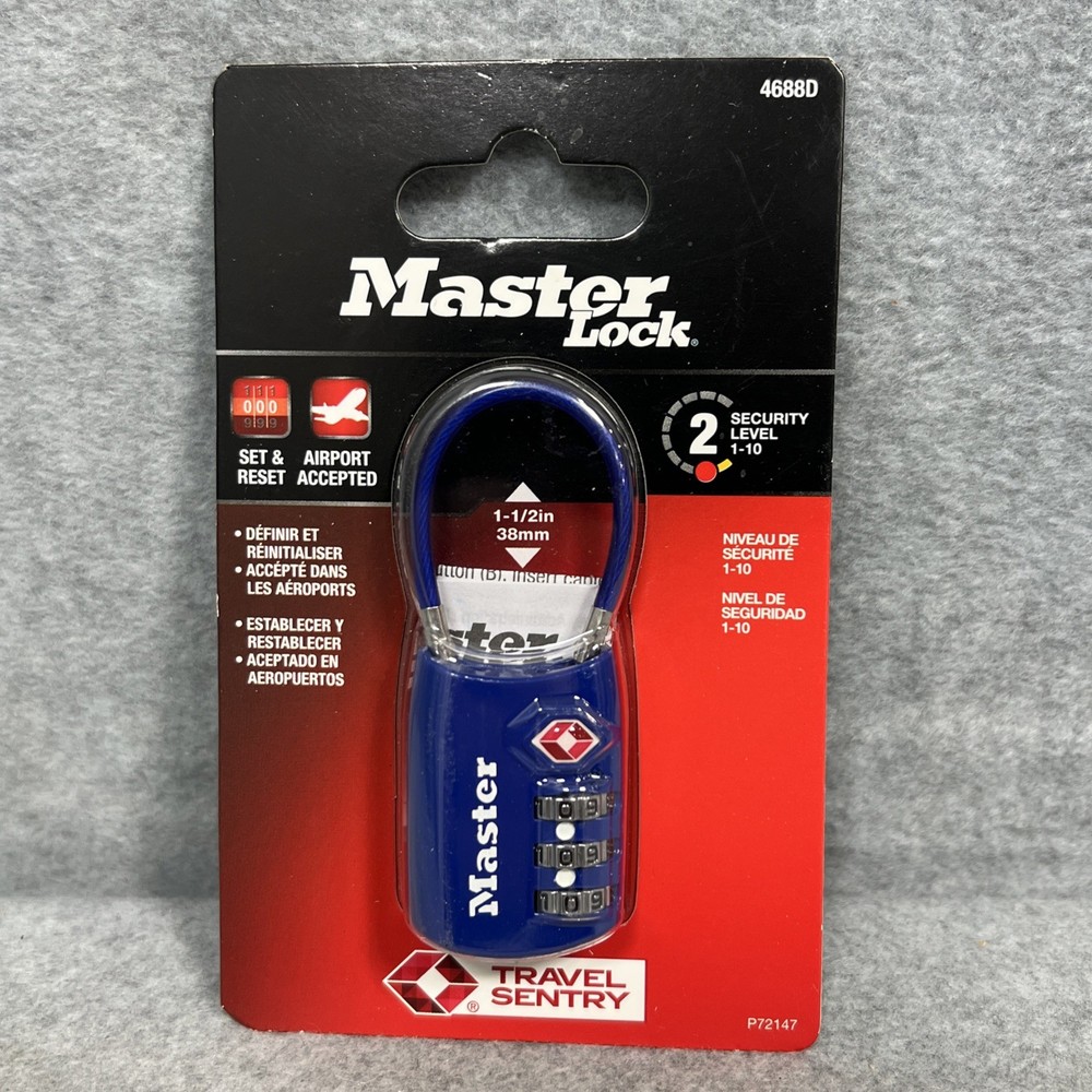 Master Lock luggage combo lock 4688D flex cable shackle Blue TSA accepted NEW