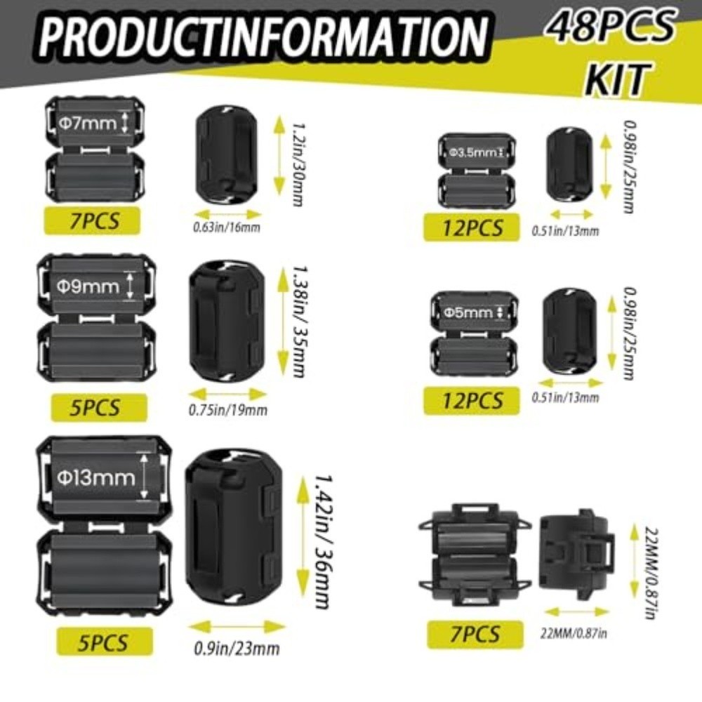 Ferrite Core Clip Set 48PCS with Six Sizes for Signal Interference Suppression