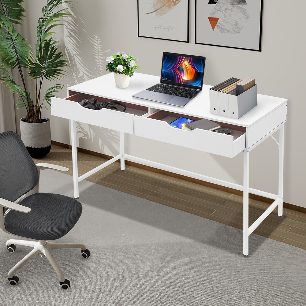 Office Computer Desk Metal Frame Modern Study Writing Table w/ 2 Drawers White