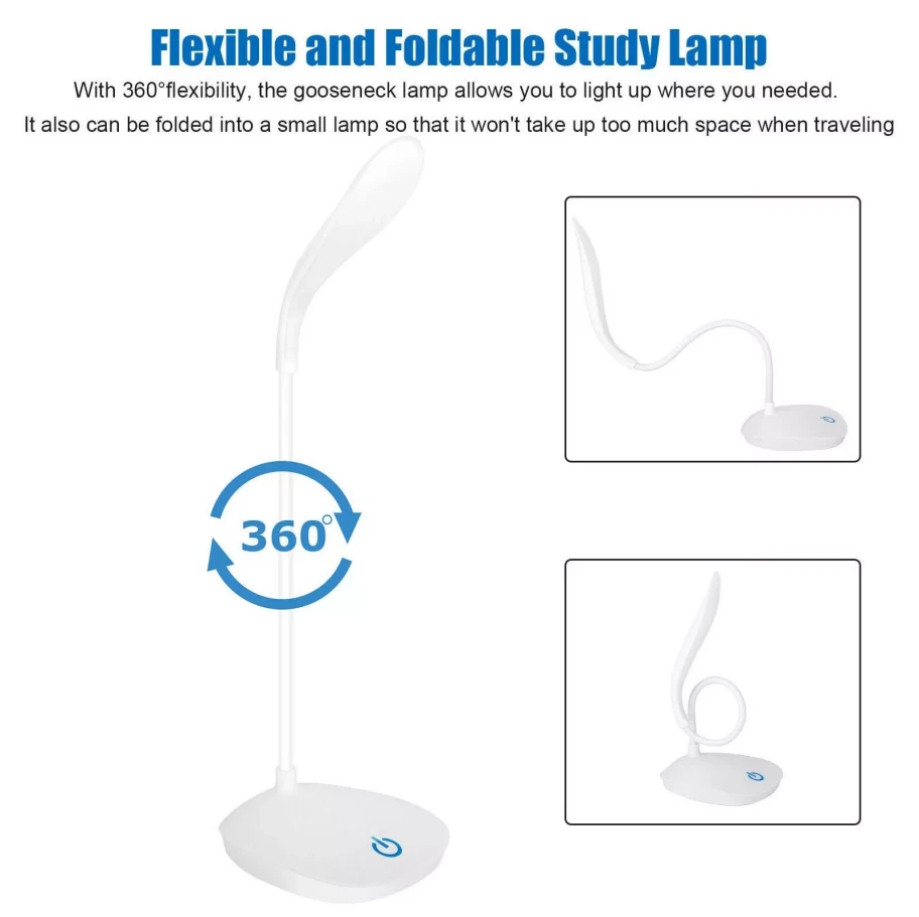 USB LED Desk Light Dimmable Bedside Reading Lamp Rechargeable Touch Control -&