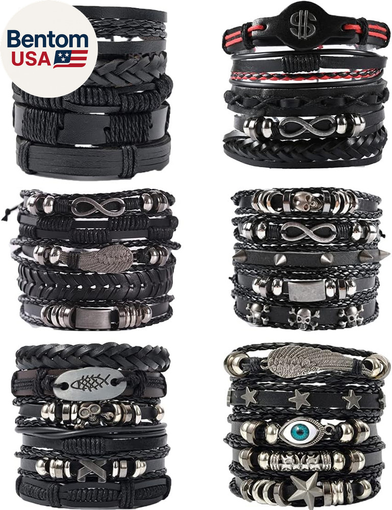 6 Pack Mens Black Leather Bracelets Set for Men Stackable Braided Cuff Bracelet