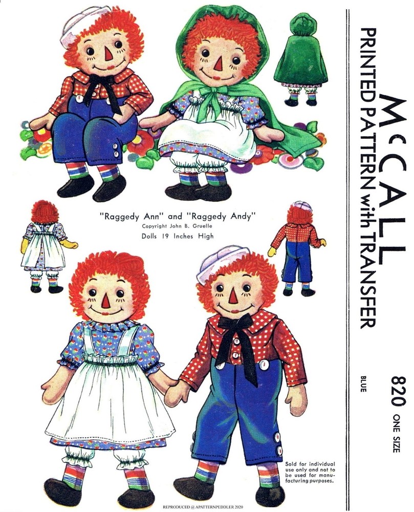 Raggedy Ann & Andy 19" Doll Sewing Pattern McCall 820