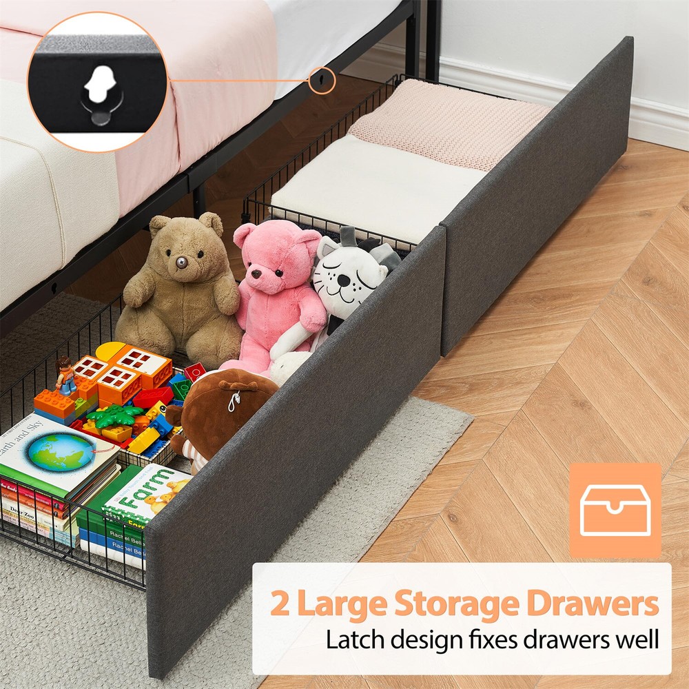 ✅Twin Size Bed Frame with 2 Storage Drawers Linen Upholstered Platform Bedframe