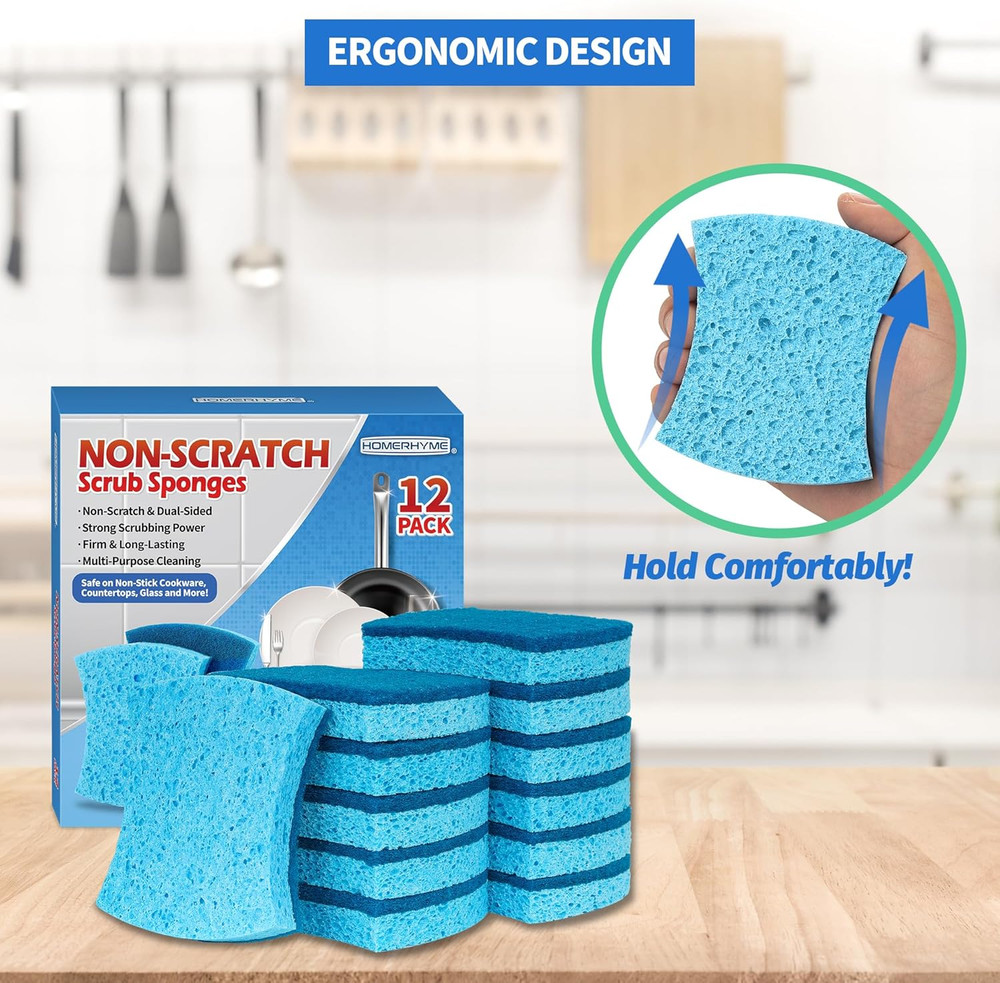 Non-Scratch Cellulose Scrub Sponges 12 Pack, Sponges Kitchen with Double-Side &