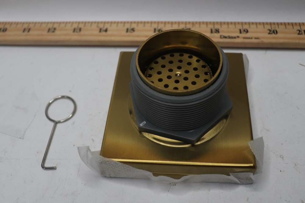Square Shower Drain w/ Linear Pattern Drain Cover Brushed Gold 4" x 4" -Complete
