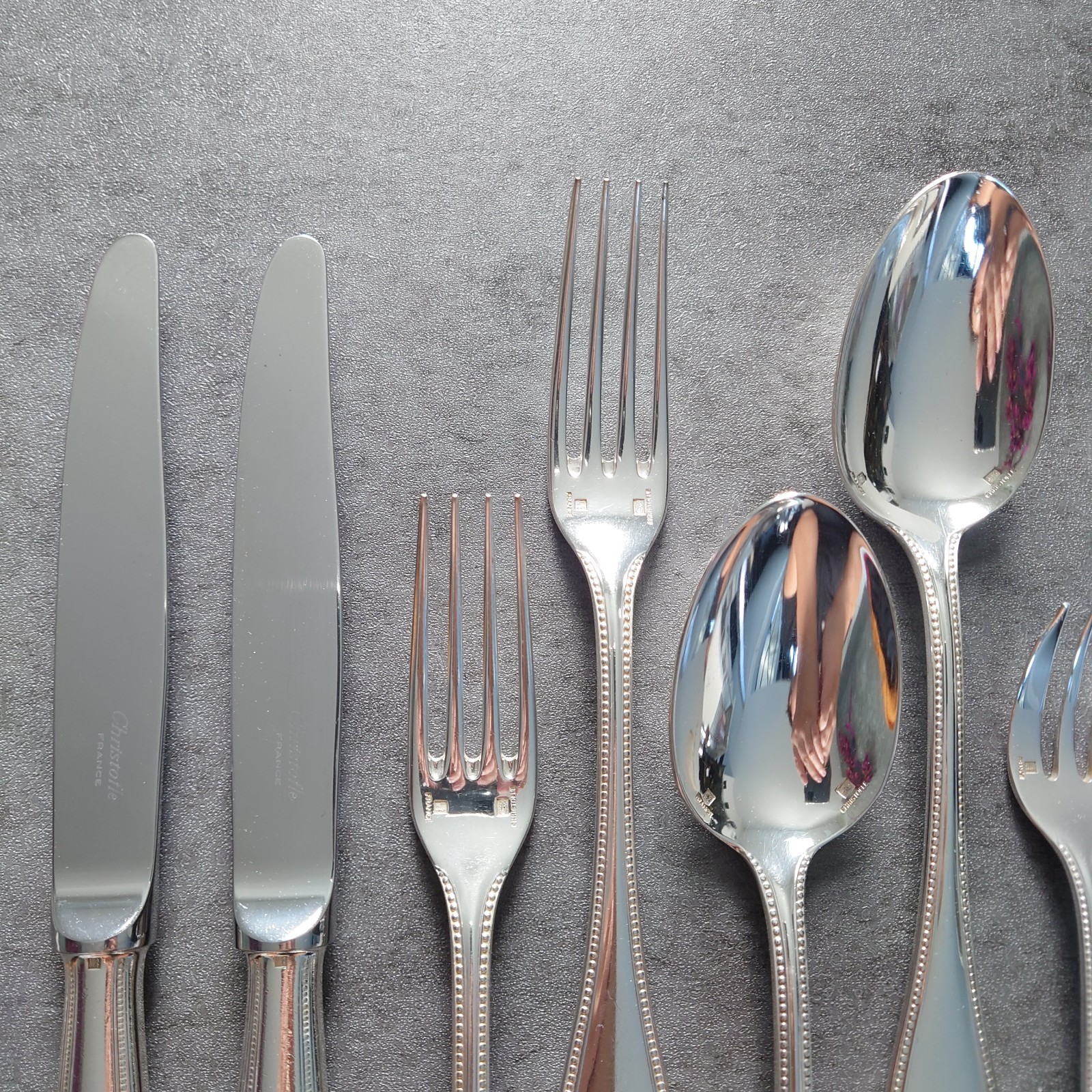 Christofle Perles 10pcs Silverplate Flatware Standard Knife Fork Spoon Very Good