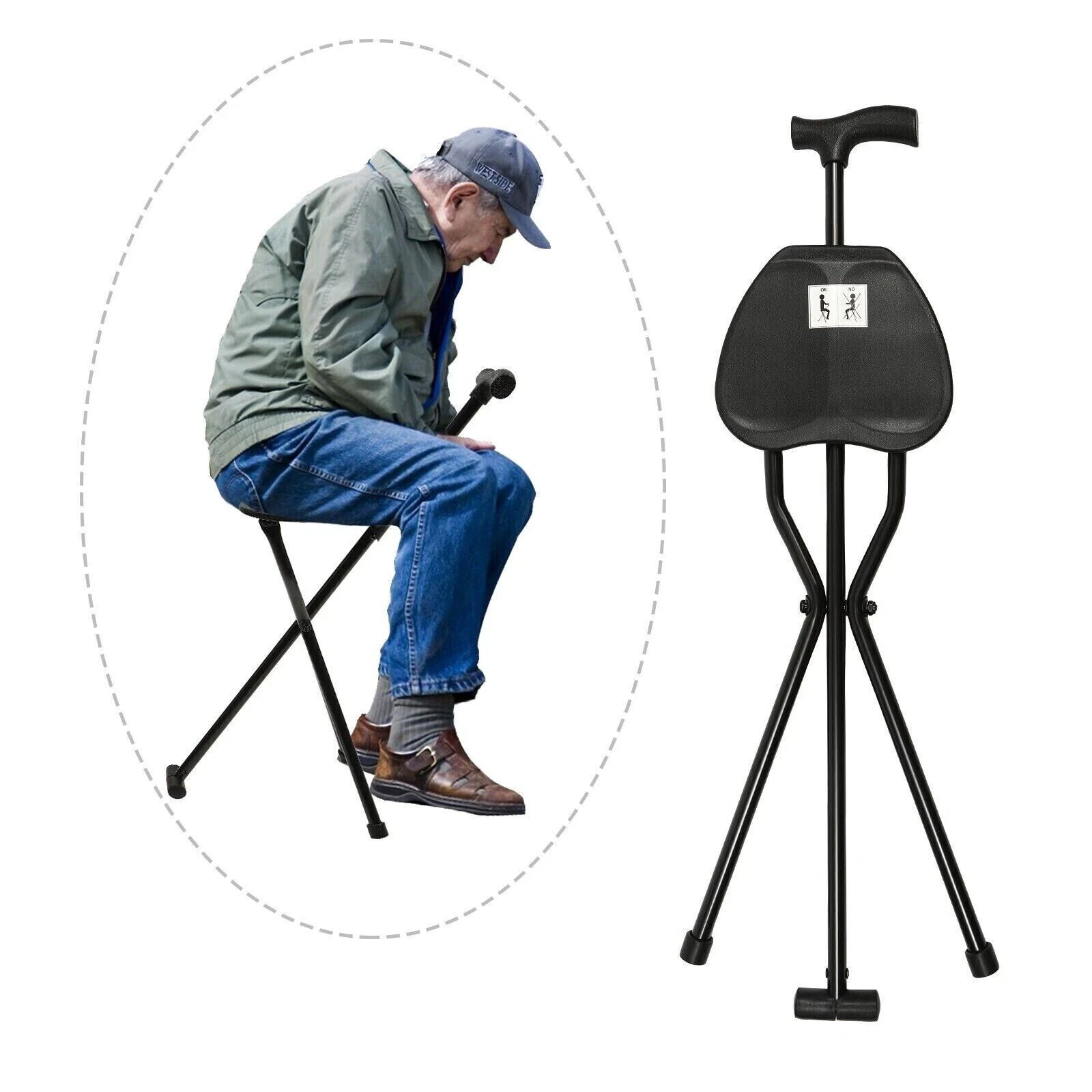 Folding Walking Cane with Tripod Chair Seat Stool Heavy Duty Adjustable Portable