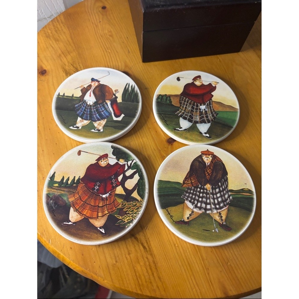 Decorative Cherry Wood Keepsake Box with Golfer Tile Coasters (4)