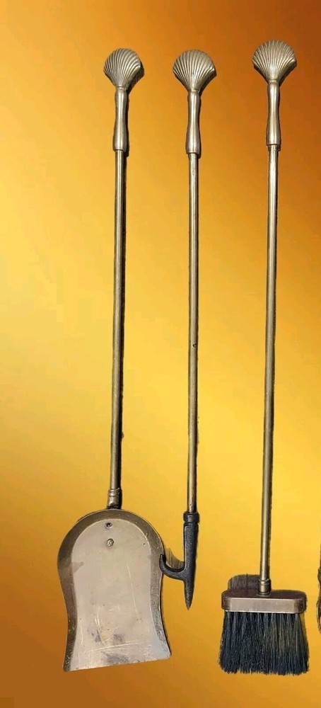 Fireplace Utensils Solid Brass Sea Shell Handles Tool Set 4 Pieces Cottagecore