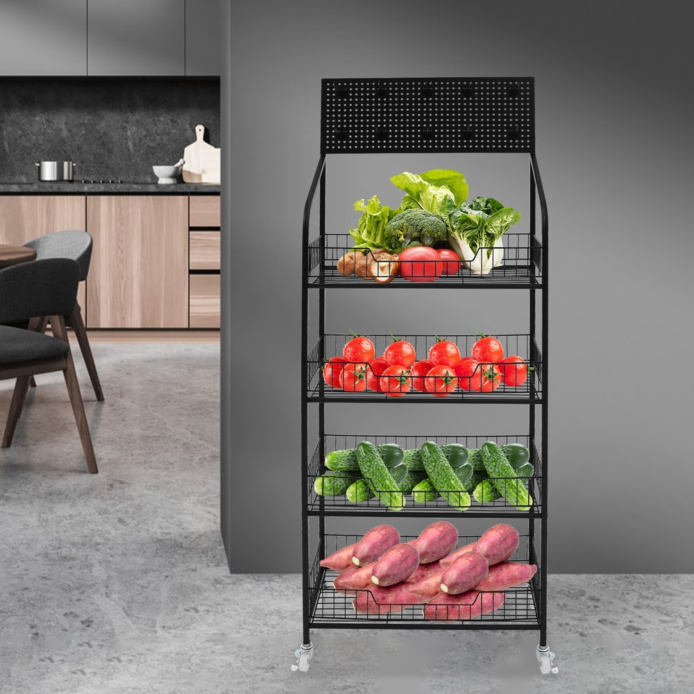 Rolling Retail Display Rack 4 Tier Black Store Merchandise Shelf Unit