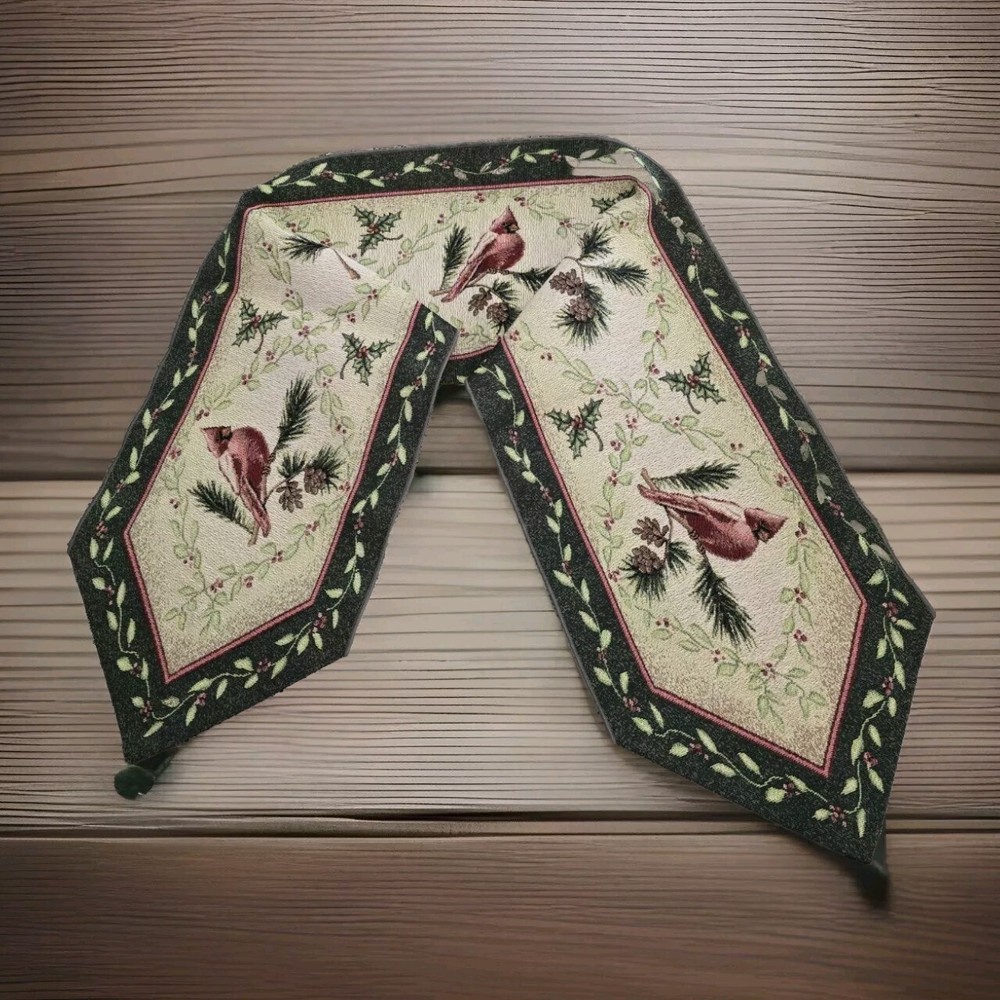 Christmas Cardinals Pine Cones Pointed Table Runner 72"