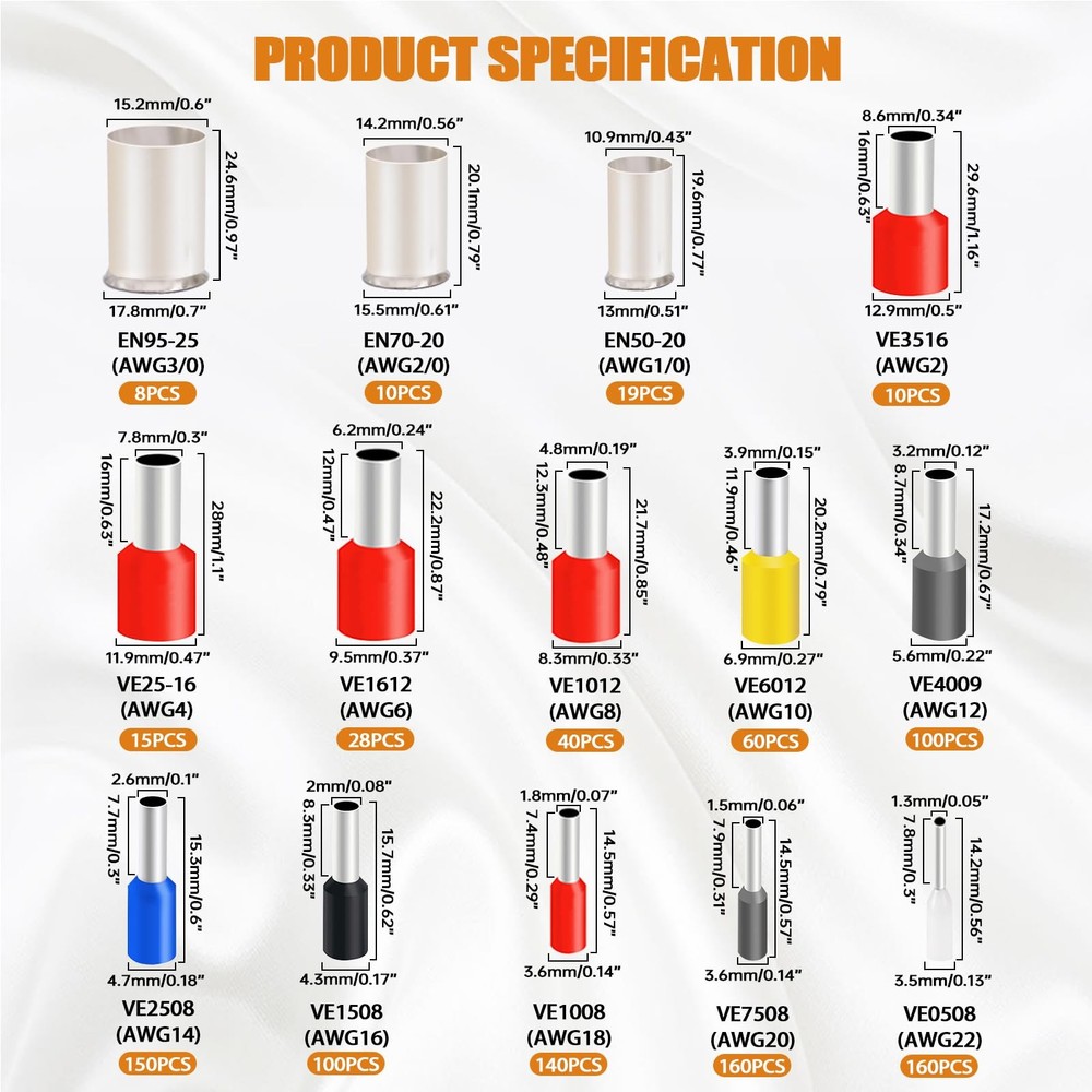 1000PCS Wire Ferrules Terminals Kits Silver Plated Copper Ferrules Wire Ends ...