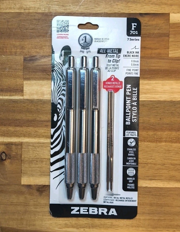 3 Pack Zebra F-701 Ballpoint Pens 2 Bonus Refills Stainless Steel Black Ink NEW