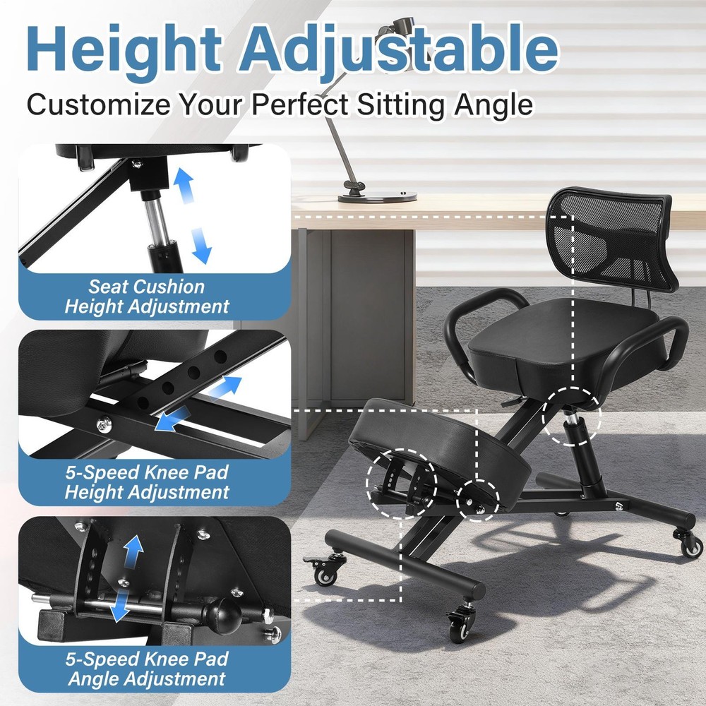 Ergonomic Kneeling Chair with Back Support Adjustable Stool Upright Back Posture