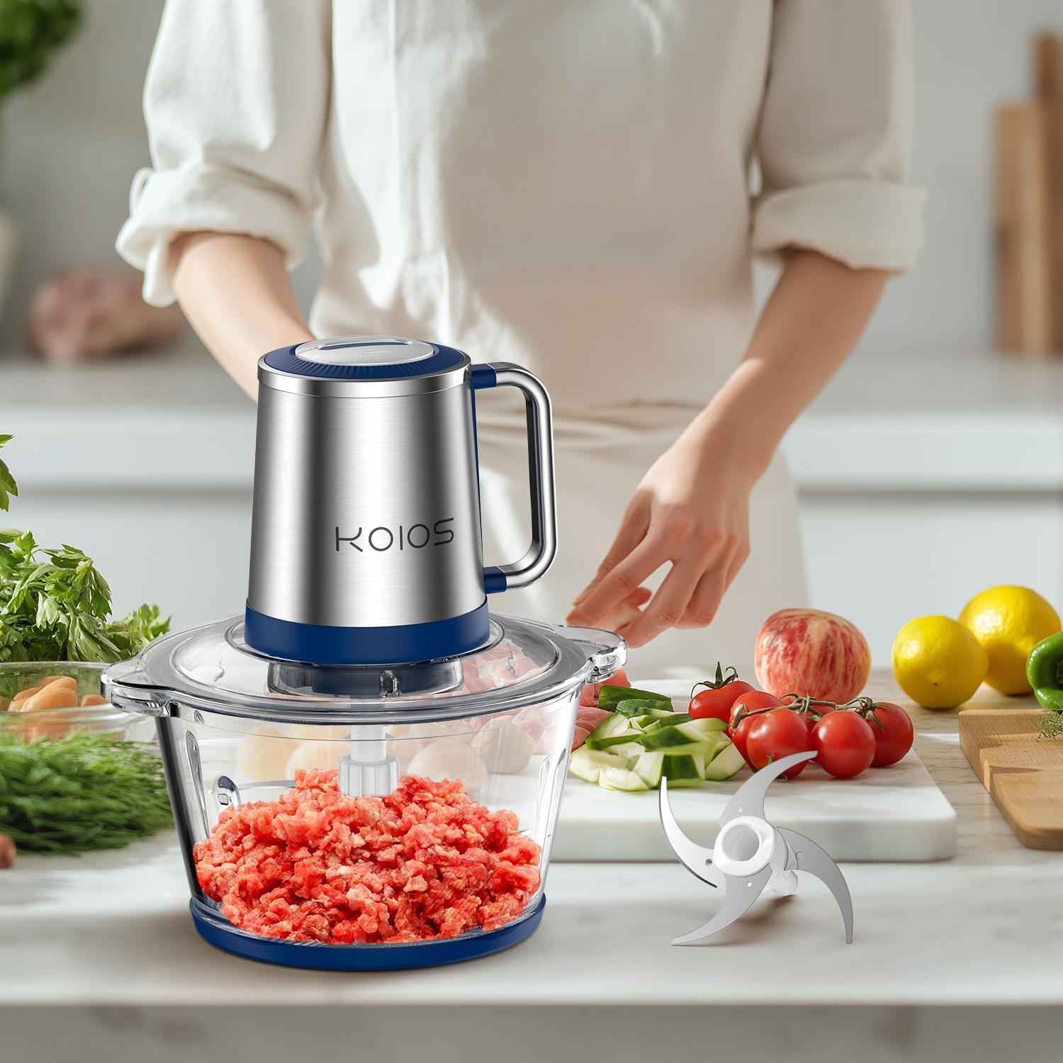 KOIOS Electric Food Processors Chopper w/8 Cup Glass Bowl Stainless Steel Blade