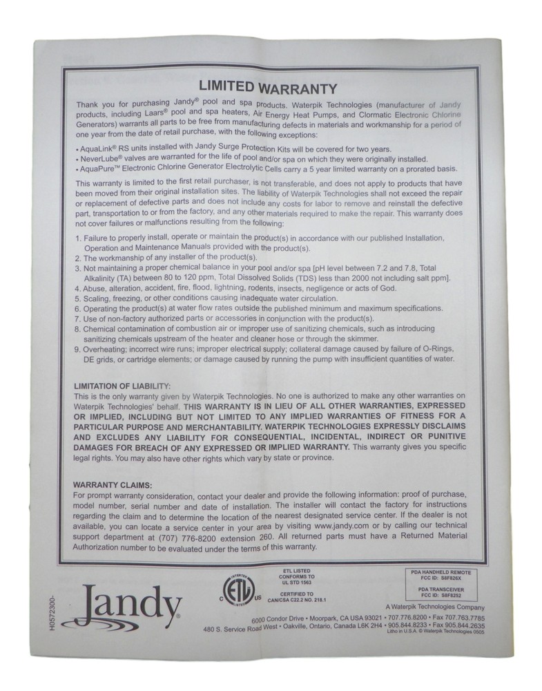Jandy Aqualink RS PDA - Pool Digital Assistant Owner's Manual