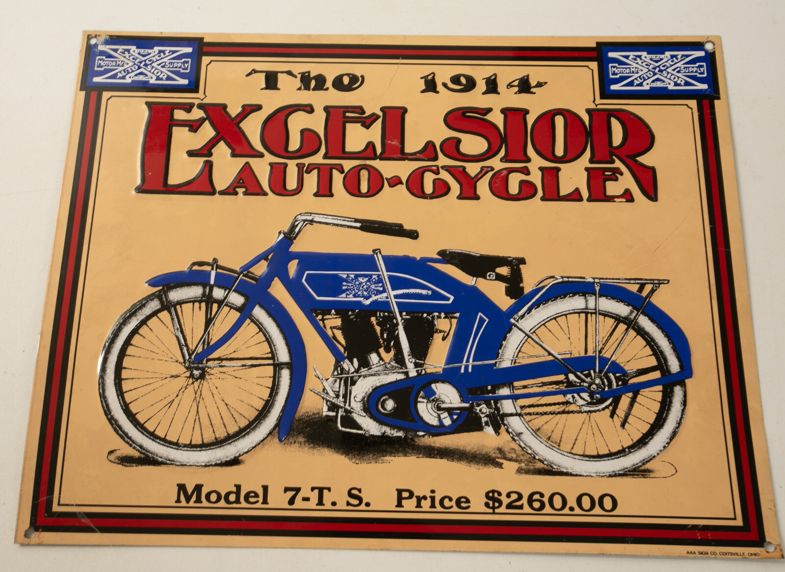 The 1914 Excelsior (P4L) Motorcycle Sign (JSF6) Model 7-T.S. Tin Tacker 14x11"