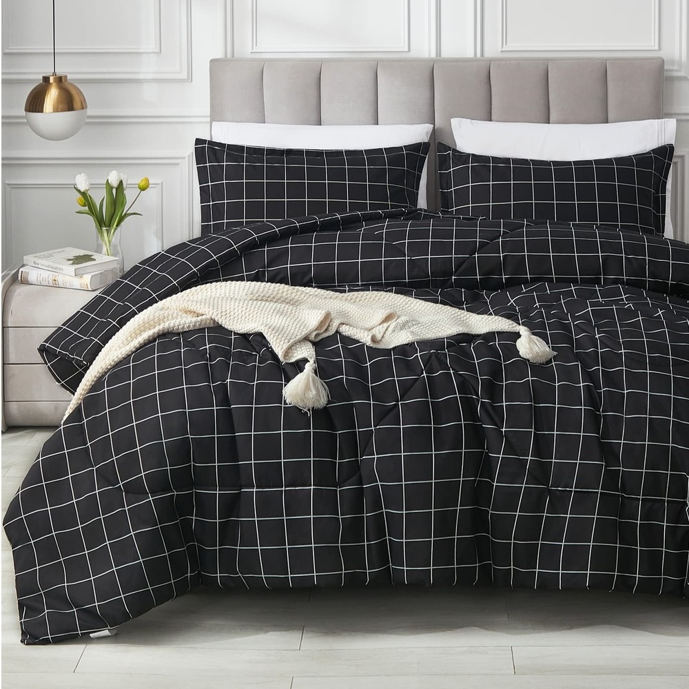 Andency Black Grid Comforter Set Full Size (79x90 Inch), 3 Pieces(1 Grid Comf...