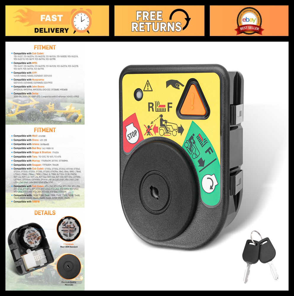 Riding Mower Ignition Module Switch with 2 Keys, 7 Terminals - Compatible with C