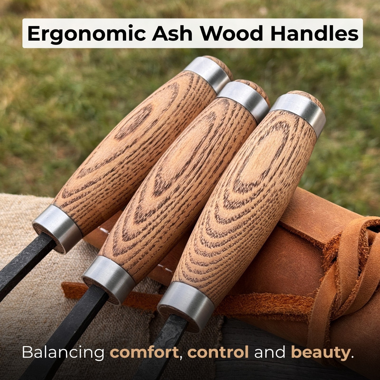 Set of 3 - 0.8, 1.2, 1.6'' Spoon Carving Gouges Hand-Forged Tool Bowls, Kuksas