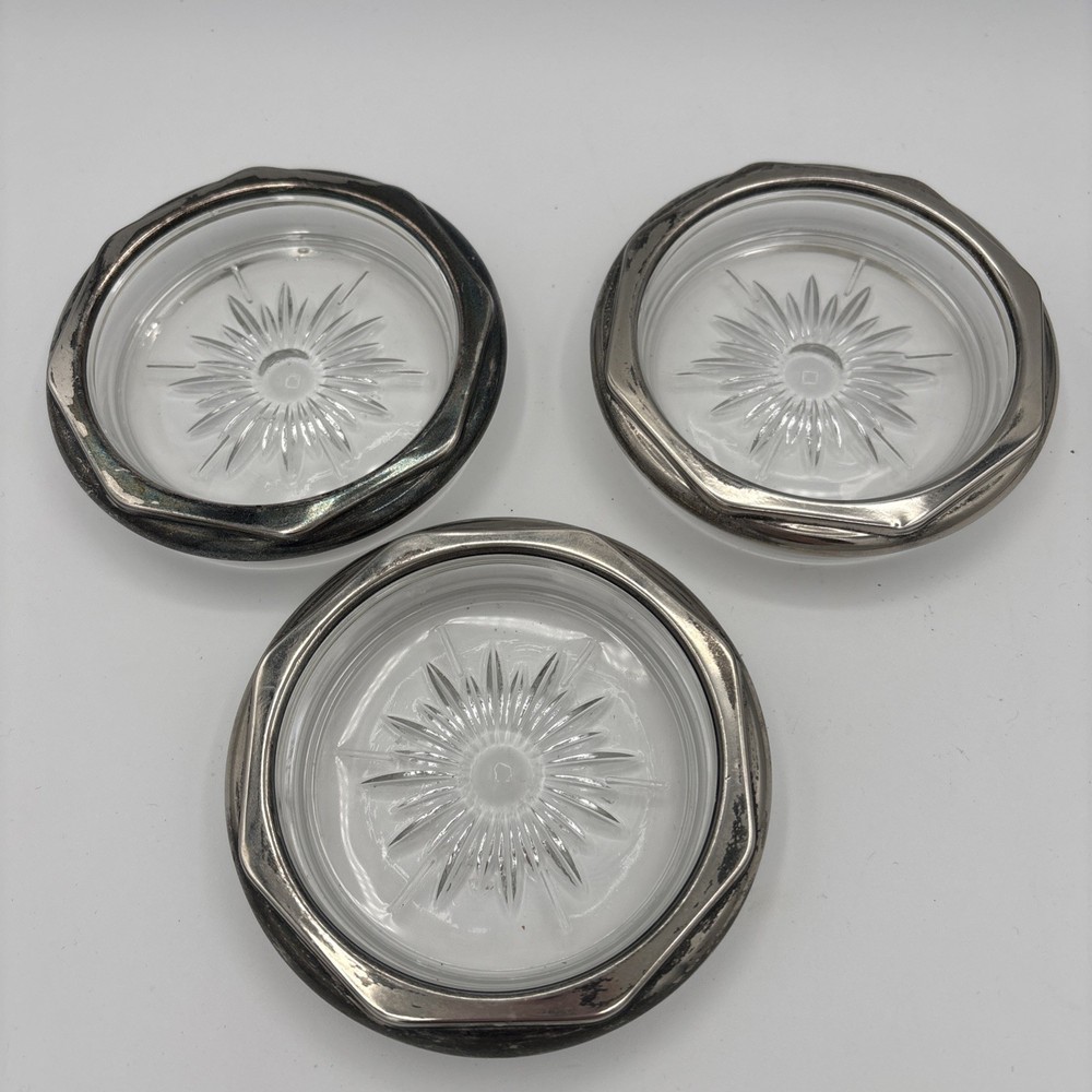 Set 3 W&S Brackinton Dining Crystal &Silver Coaster Vintage MCM