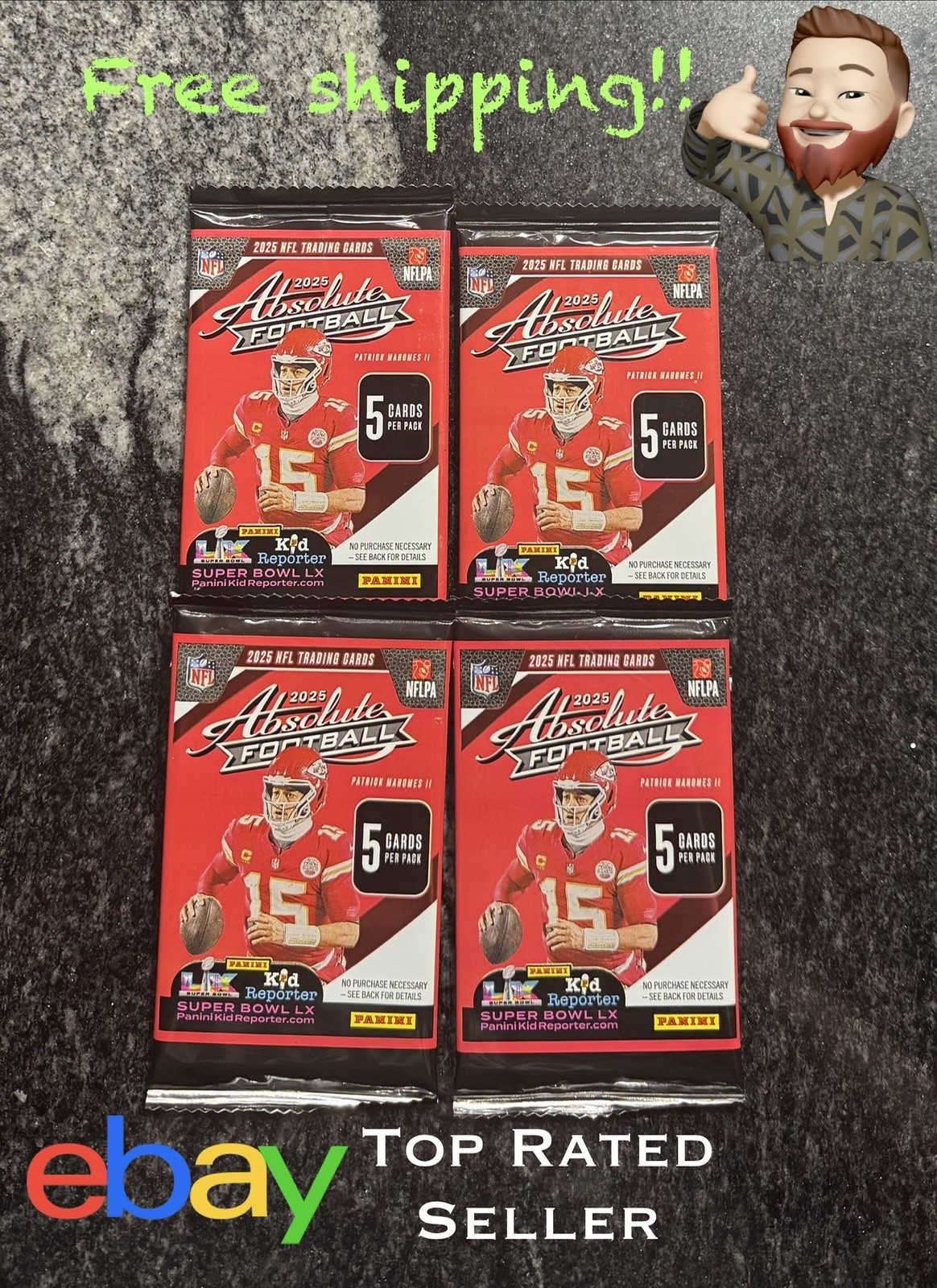 🔥Lot Of 4: 2025 Panini Absolute NFL Football 5 Card Packs Patrick Mahomes!🏈