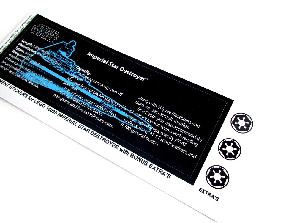 CUSTOM STICKERS for STAR WARS Set 10030 IMPERIAL STAR DESTROYER & MODEL DISPLAY