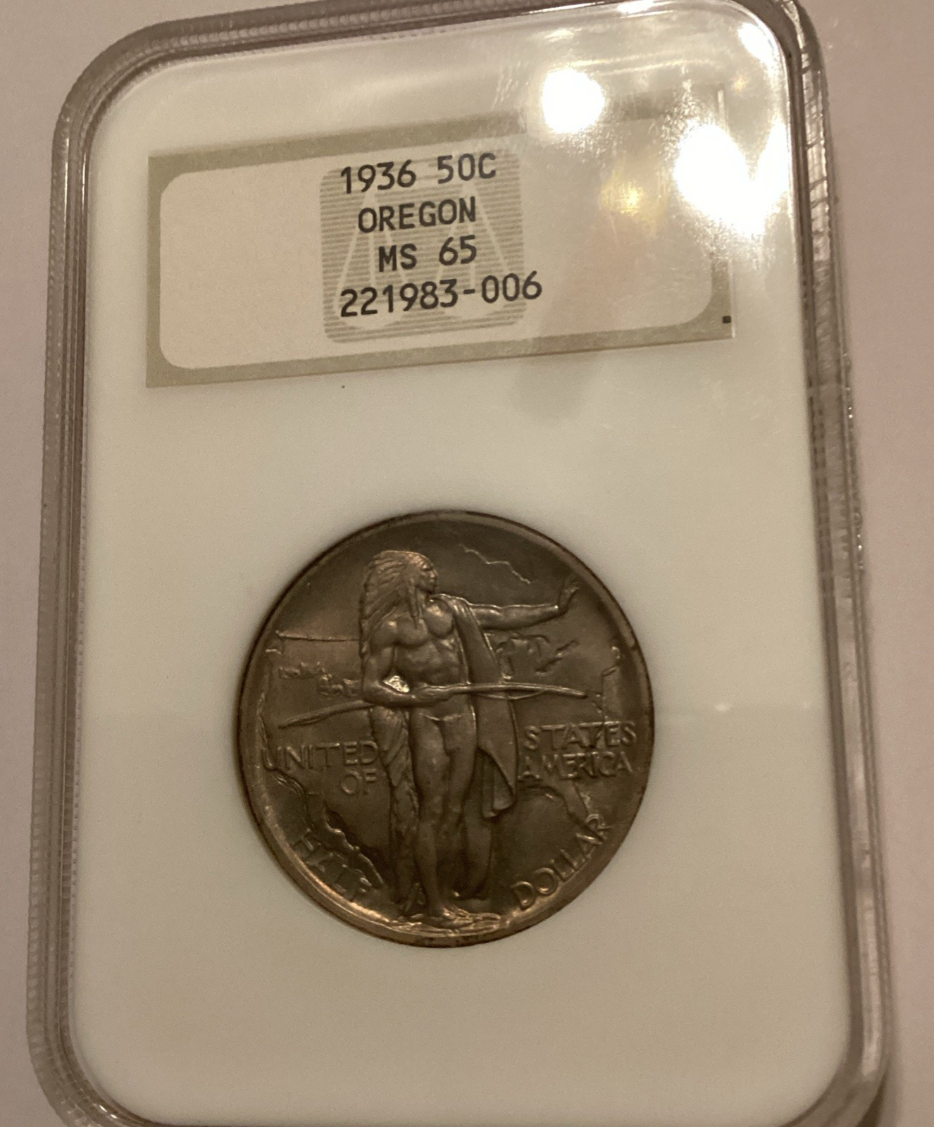 1936 NGC MS 65 OREGON TRAIL  Silver Commemorative Toned Coin Fatty Holder