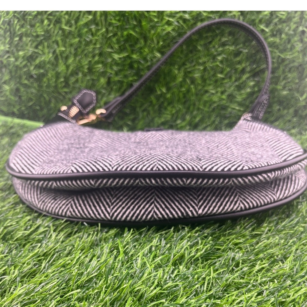 Chic Crescent Shoulder Bag Black White Herringbone Pattern Gold Accents