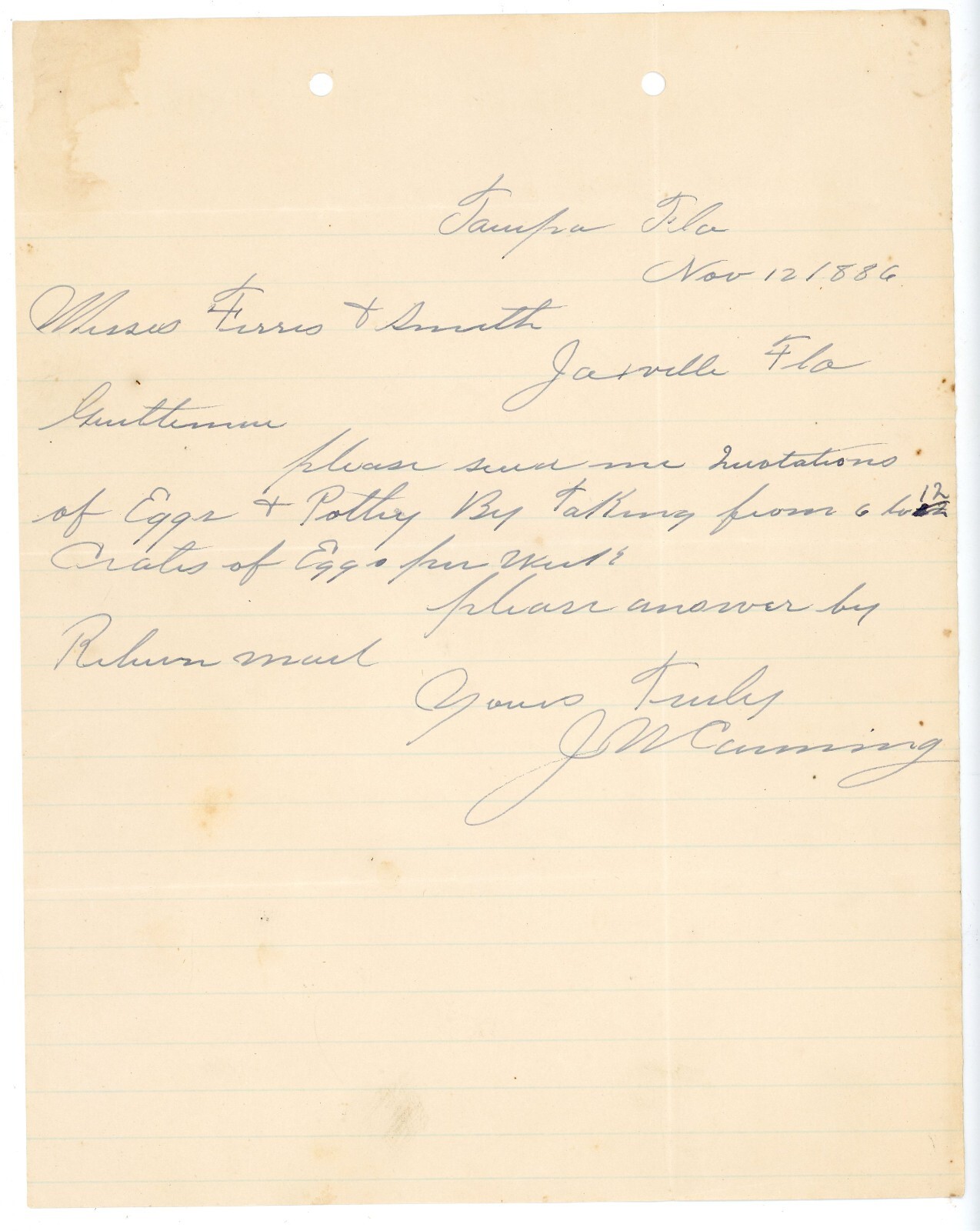 1886 Tampa FL Letter Request Egg & Poultry Pricing J.M. Cumming to Jacksonville