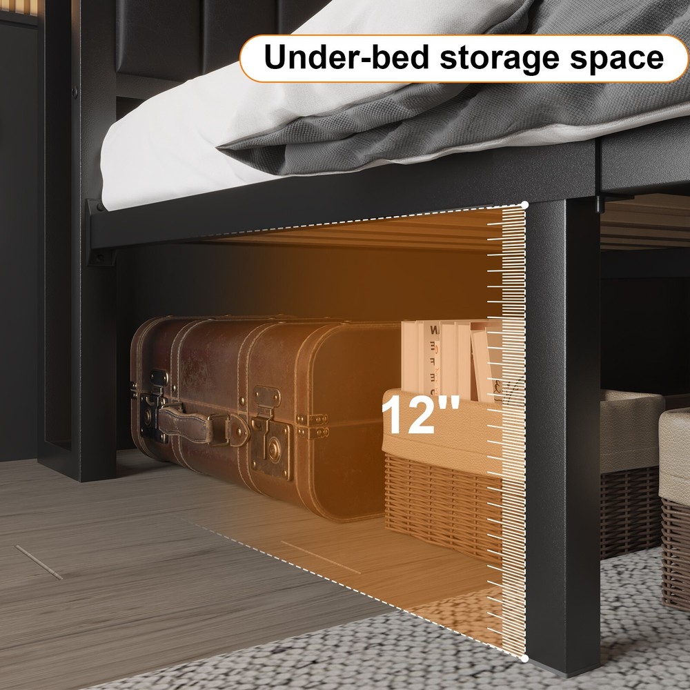 Full/Queen Size Bed Frame with 2-Tier Storage Headboard and Storage Drawers