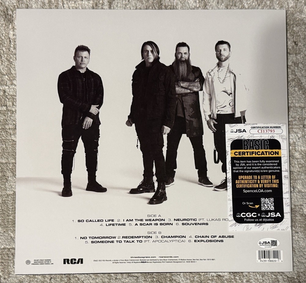 THREE DAYS GRACE SIGNED EXPLOSIONS GOLD VINYL LP - JSA COA