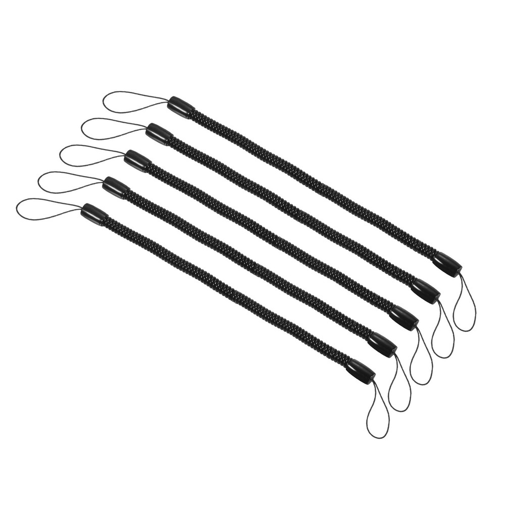 5 Pcs 8" Plastic Retractable Spring Coil Strap Key Holder Lanyard Black