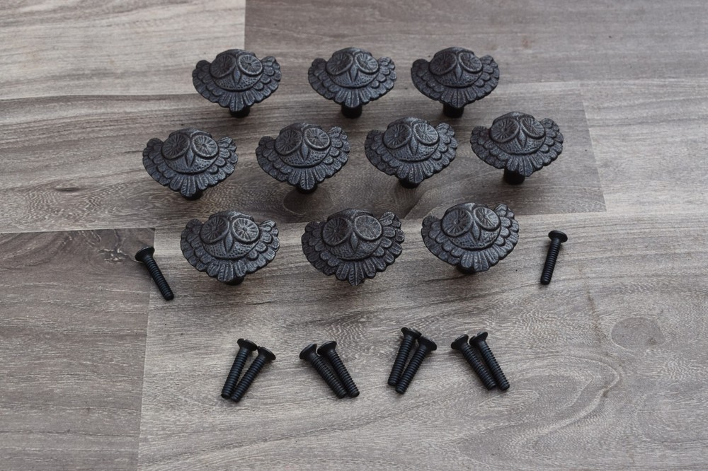 Vintage OWL Old cast iron cabinet drawer door knobs handles pull rustic 10 pcs