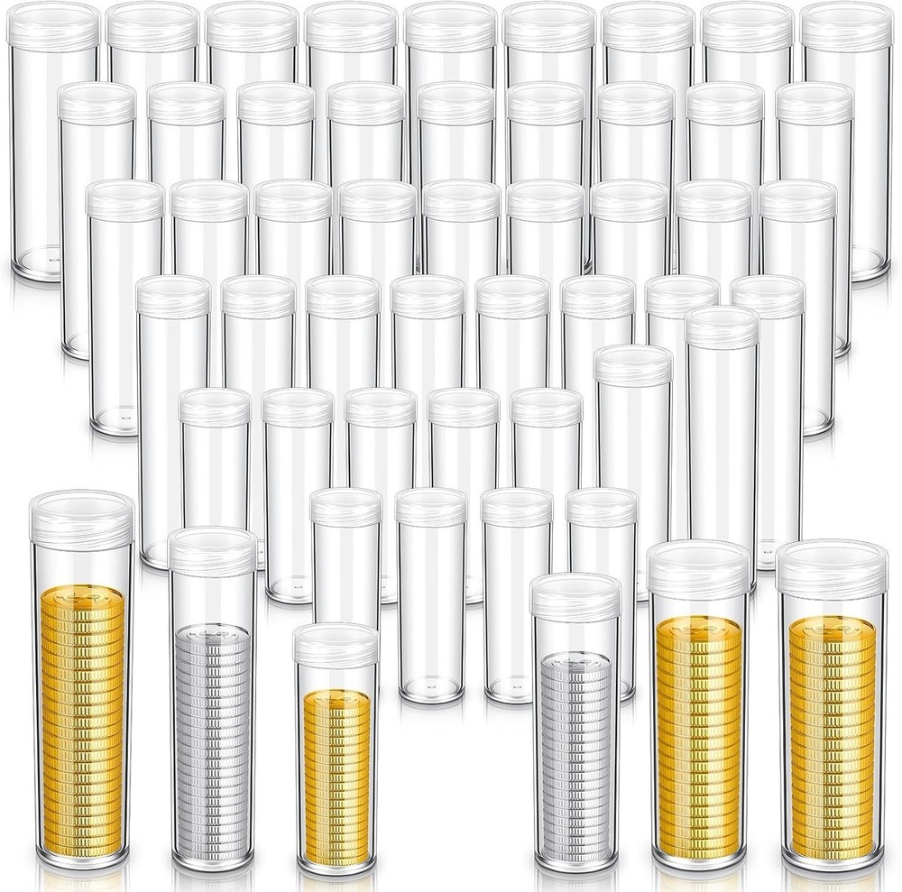 60 Assorted Plastic Coin Storage Tubes - Organize Your Collection with Ease