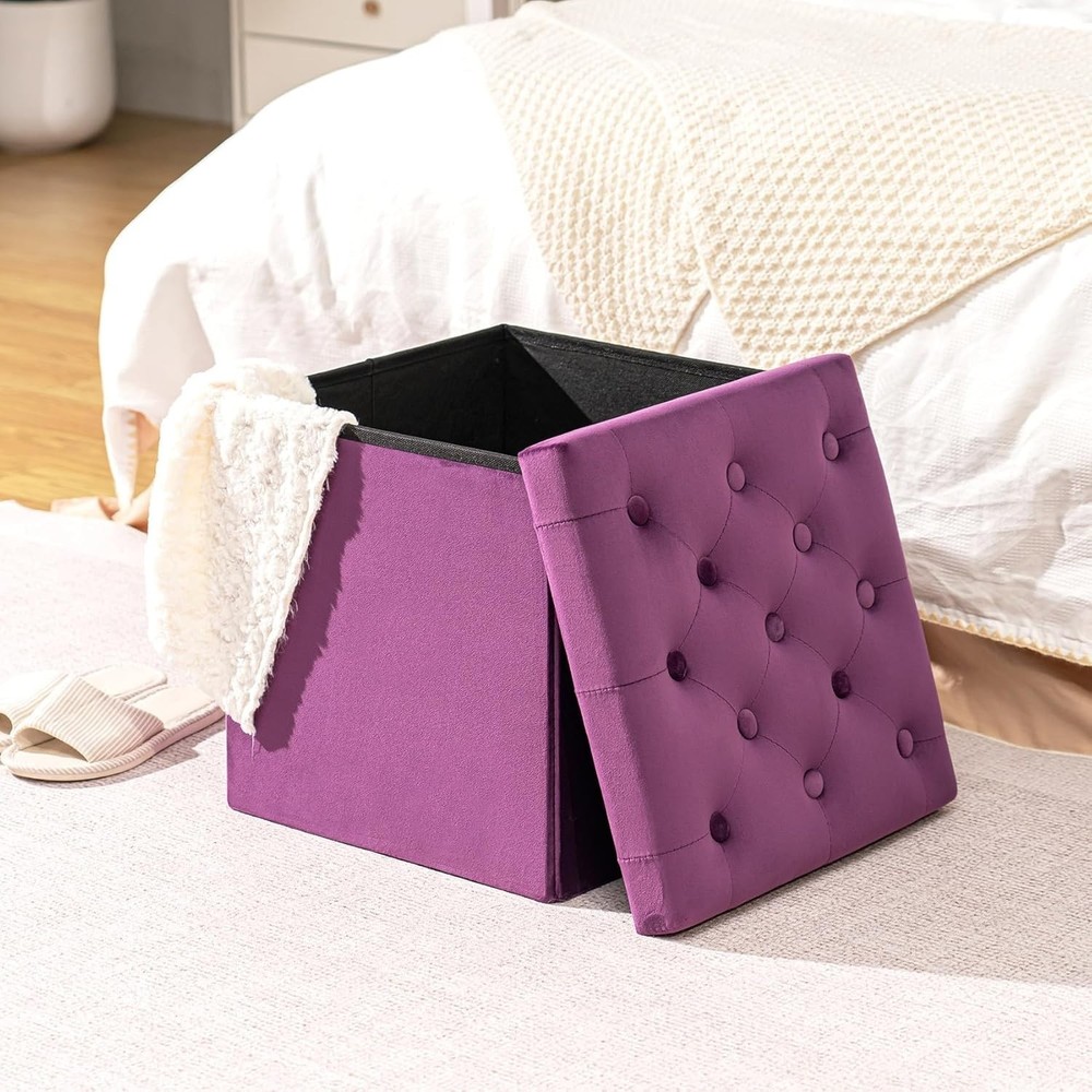 Elegant Purple Velvet Ottoman Cube - Multi-Functional Folding Storage Solution