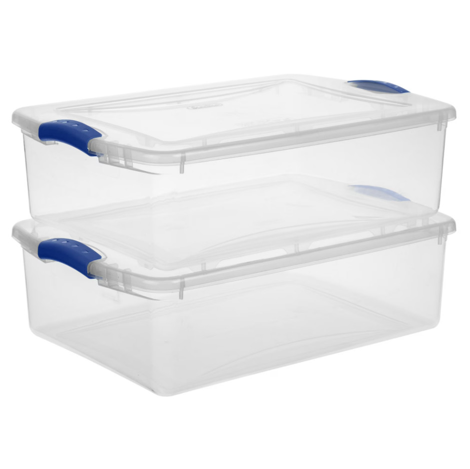 (6 pack) 32 Quart Latch Box, Clear Plastic Storage Bin with Clear Lid, Blue