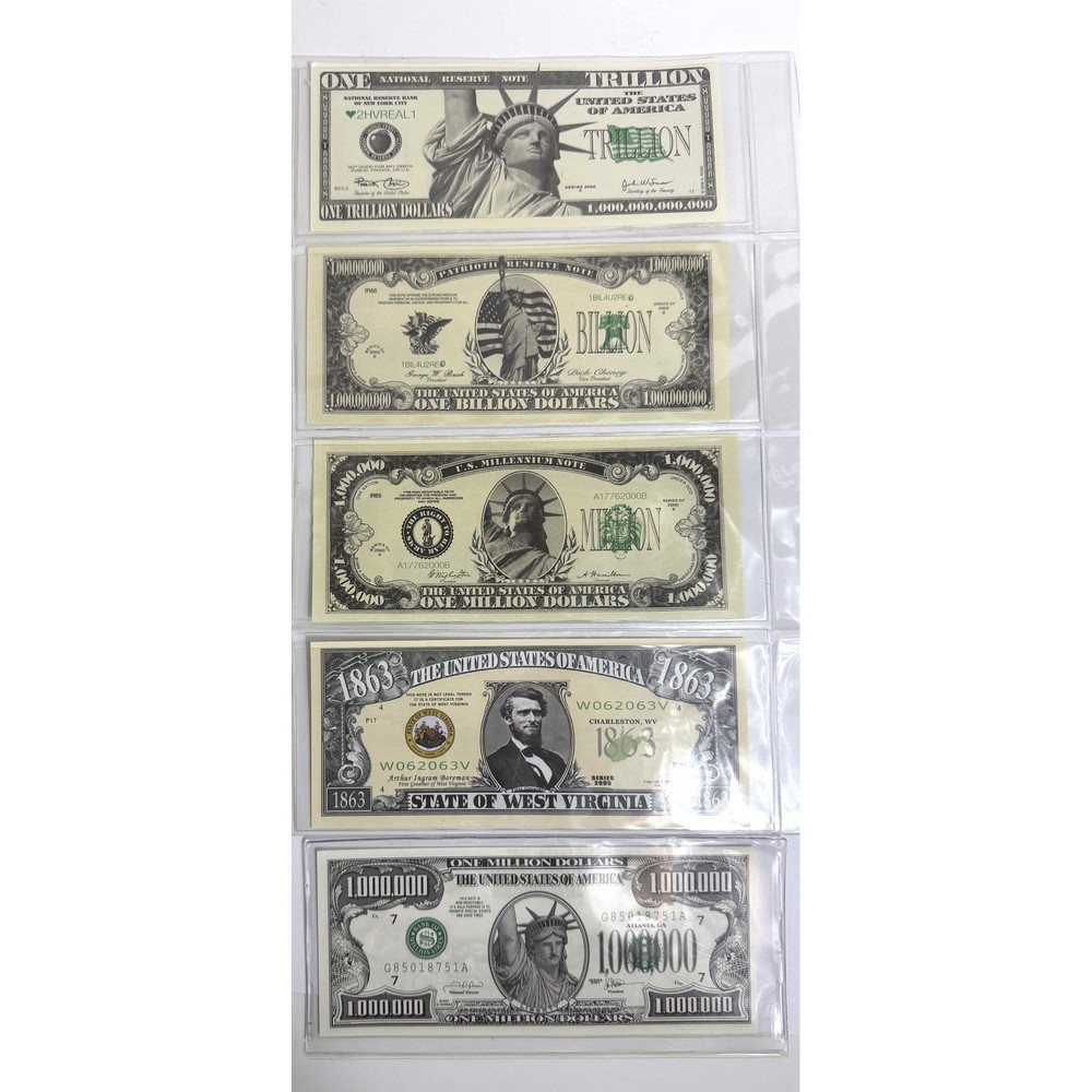 5pc Novelty Currency Set One Trillion Billion Million Dollar West Virginia Notes