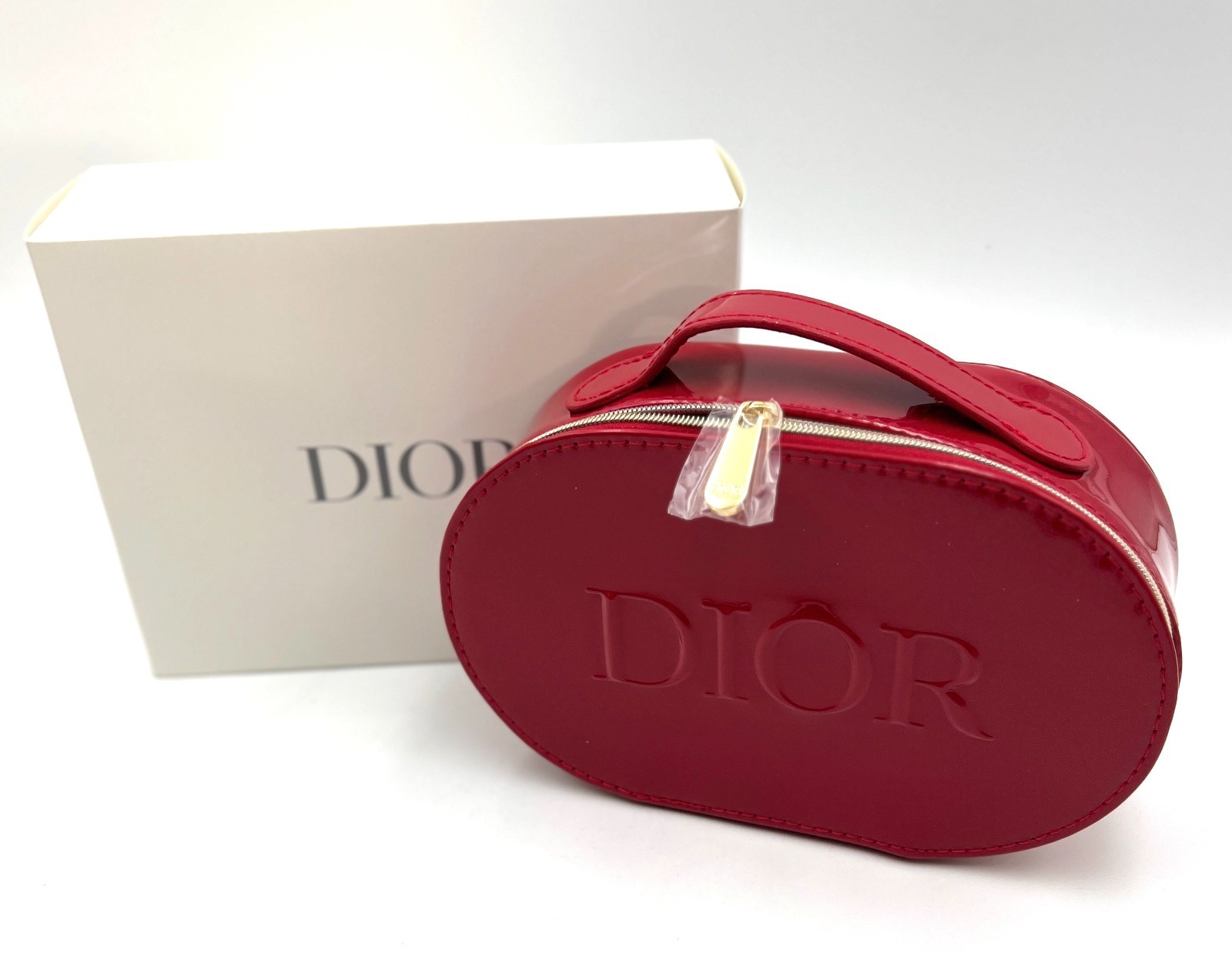 Christian Dior Patent Cosmetic Makeup Zipper Bag with Handle ~ Red