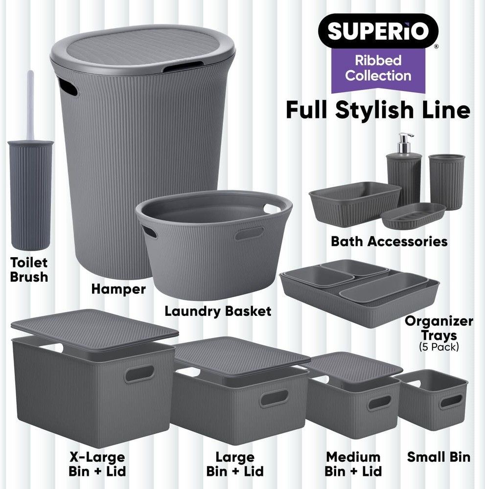Superio Large Grey Ribbed Storage Bin, Plastic Storage Basket (22 Liter)