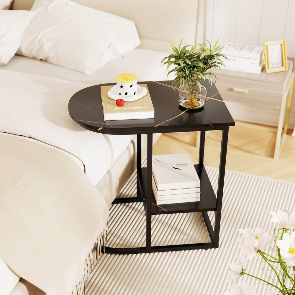 2PCS C-Shaped Side Table Compact 2-tier Storage End Table for Small Space Black